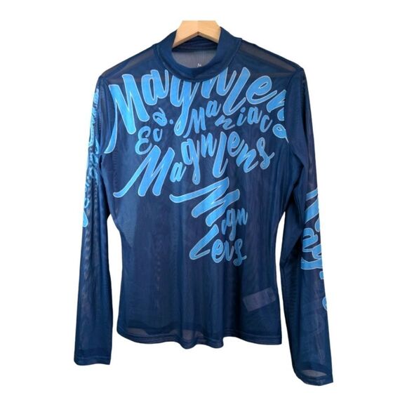 Magnlens navy blue sheer mesh cursive print mock neck top size L  Nwot ECHO - Picture 2 of 6